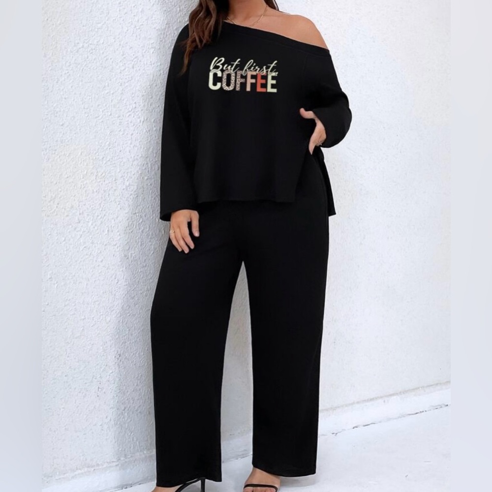 NEW 1 XL Plus Letter Graphic Asymmetrical Neck Tee & Pants